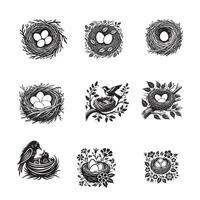 Collection of Birds Nest silhouette Design - Eggs Nest illustration vector