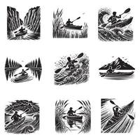 Collection of Kayaking silhouette Design, kayaking Swan River Scene illustration in black and white vector
