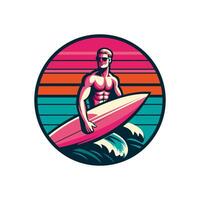 surfer and big wave. engraving style. illustration. vector