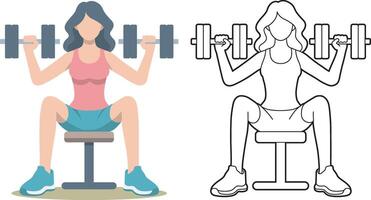 Woman Sit and Do Workouts with Dumbbells. vector