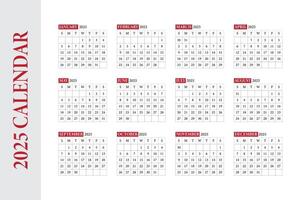 2025, Calendar Set for 2025 year, Minimalist clean square layout, week start Sunday vector