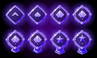 Silvered level rank symbols set. Military badges patent for games. Realistic with stars, gemstones and ribbon. vector