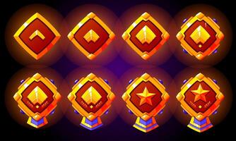 Golden level rank badges set. Military rank patent for games. Realistic with stars, gemstones and ribbon. vector