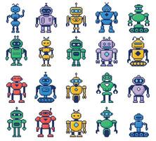 Pixel art robots. Futuristic robot, 8bit bot mascot and retro humanoid. Cyborg and android digital game pixelated robotic characters illustration set vector