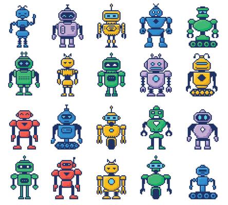 Pixel art robots. Futuristic robot, 8bit bot mascot and retro humanoid. Cyborg and android digital game pixelated robotic characters illustration set