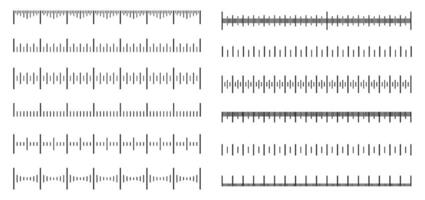 Measuring scales. Ruler scale and measurement lines, precise linear increments and size indicators. Distance markup with divisions horizontal isolated set vector