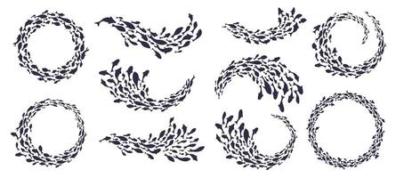 Fish swim in schools silhouette. Shoal of fish or tuna swarm in circular, spiral and wave shape. Marine life circle frame for aquarium, seafood or fishery emblem design. Isolated set vector