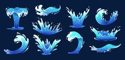Cartoon water splash. Sea curl wave, splashing aqua flow and blue liquid plop crown with dynamic drops. Surge burst, splashdown and gush effect isolated set vector