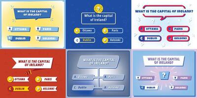 Quiz question template. UI layout for quiz show game with question frame and multiple choice answer options. Intellectual test menu screen with trivia question set vector