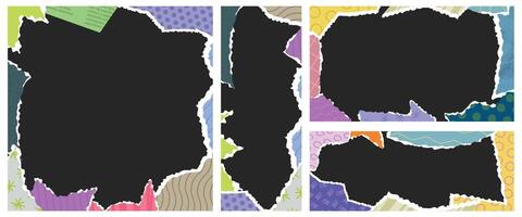 Ripped paper banner frames. Scrapbooking photo frame with torn craft paper pieces, vintage collage art template with scraps of paper with patterns and textures. Zine style backgrounds set vector