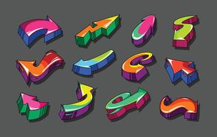 Graffiti 3d arrows. Colorful street art direction pointers, bold urban style arrow for dynamic and playful navigation design. Isolated illustration set vector