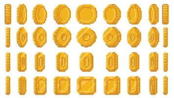 Pixel art coin animation. Spinning money, golden scent circle, oval and rounded square coins 360 angles animated loop for pixelated 8bit arcade retro games set vector