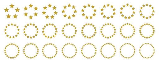 Star circles. Golden starry rings, from 5 to 28 stars arranged in circular patterns for ratings, achievement or warranty certificate badge, award stamp or premium quality label design set vector
