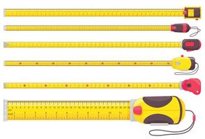 Carpenter measuring tape ruler. Yellow tape measures with metric and imperial measurements, inches and centimeters scales. Length isolated illustrations set vector