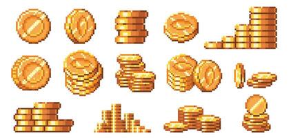 Pixel art golden coins. Retro 8bit gold coin stacks and piles, digital money and financial savings or cashback pixelated game illustrations set vector