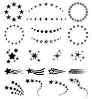 Star decorations. Shooting stars trails, circle frame, twinkling sparks, starry arch and circular star patterns. Decorative celestial elements set vector