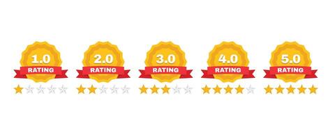 Five star rating badge. Quality rate label with ribbon, customer satisfaction levels and feedback stars. Review ratings and product ranking badges set vector