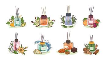 Reed sticks diffuser perfume types. Aroma glass bottles with citrus, oriental spices, fresh grass, fruits and gourmand fragrances notes. Flowers, aquatic and woody perfumes illustration set vector
