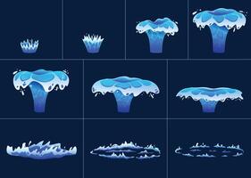 Water crown splash animation. Dynamic burst and splashing droplets with rebound effect and circular ripple. Fluid motion animated frames sequence cartoon set vector
