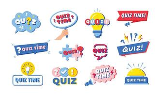 Quiz labels. Trivia question, test or erudite game emblem template with question mark, speech bubble frame, idea lamp, big button, puzzle and quiz time sign set vector