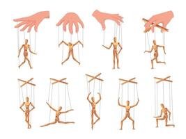 Wooden dummy figure. Marionette puppets controlled by strings and hand manipulation. Puppet theater human model poses. Control, leadership and influence concept illustrations set vector