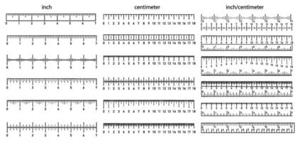 Ruler measurement scales. Inch, centimeter and mixed rulers, precise metric and imperial scales. Horizontal meter distance or scale markup, size indicators set vector