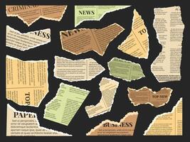Vintage newspaper scrapbook elements. Ripped old zine pages, torn paper pieces with news articles text snippets. Collage clippings with jagged edges isolated set vector
