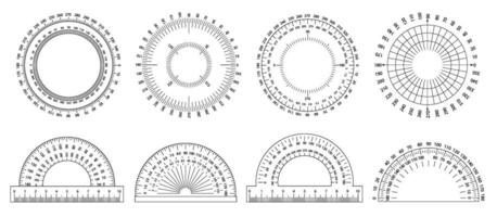 Protractor ruler. Angle measurement tool, circular scale and semicircular protractor with ruler markings. Measuring circle with 360 and 180 degree coordinates set vector