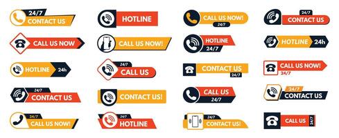 Contact us buttons. Customer service label, call us now and 24 7 support hotline with telephone handset and phone icons. Call to action badges set vector