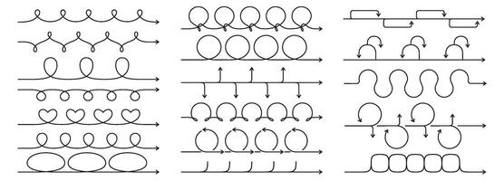 Linear roadmap arrows. Line art timeline chart, looped arrow for process sprints, step by step guide or instruction steps order design. Infographic template elements set vector