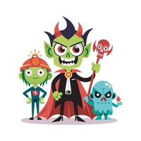 Halloween spooky monster group illustration with a green demon leader. vector