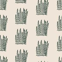Seamless pattern with hand drawn forest doodle style, illustration on light background. Dark green lines, nature, spruces. Decorative design for wrapping and packaging vector