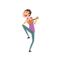 Funny man playing ukulele, smiling guy with small guitar Illustration vector