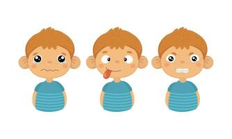 Flat set of cute little boy with various facial expressions. Crying kid, tongue out and angry emotion vector