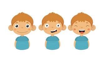 Flat vectoer set of little boy with different emotions. Smiling, confused and laughing. Cute kid character vector