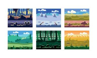 Flat set of 6 seamless backgrounds for computer and mobile game. Cartoon natural landscapes vector