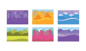 Flat set of seamless backgrounds for mobile game. Landscapes with hills, forests, snowy mountains and pyramids vector