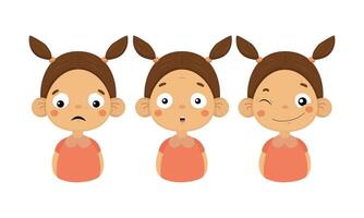 Flat set of girl with ponytails showing different emotions. Sad, surprised and smiling face with winking eye vector