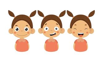 Flat vectoe set of little girl with different emotions. Smiling, confused and happy face. Cute child with two ponytails vector
