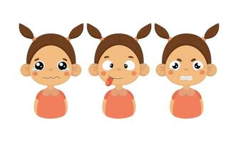 Flat set of little girl with different facial expressions. Crying child, tongue out and angry emotion vector