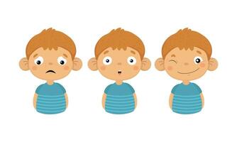 Flat set of boy character showing different emotions. Upset, surprised and smiling face with winking eye vector