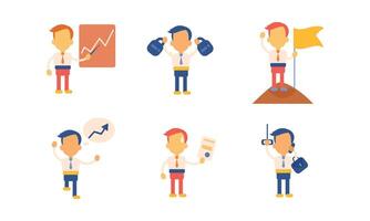 Flat set of businessman in working actions. Man showing presentation, bringing document, talking by phone vector