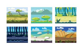 Flat set of seamless horizontal backgrounds for mobile or computer game. Colorful natural landscapes vector