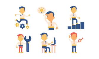 Flat set of icons with businessman in working actions. Office worker busy at work. Man in formal clothes vector