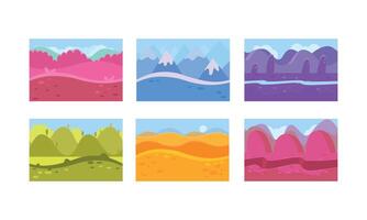 Flat set of seamless horizontal backgrounds for game. Abstract natural landscapes vector