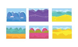 Flat set of 6 seamless backgrounds for mobile game. Landscapes with abstract forests, hills and blue glaciers vector