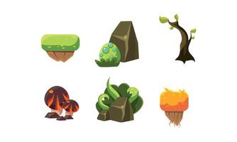 set of cartoon landscape elements for mobile game. Fantastic plants, stones, ground platforms. Forest objects vector