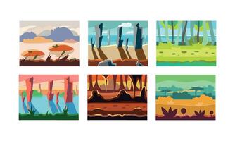 Flat set of seamless backgrounds for mobile game. Landscapes with mountains, wild forests, cliffs and rivers vector