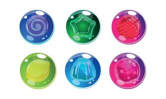 Colorful glossy balls set, shiny spheres with candies and fruits inside, user interface assets for mobile apps or games Illustration vector