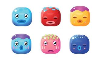 Collection of cute glossy buttons, colorful cubes with funny faces, user interface assets for mobile apps or games Illustration vector